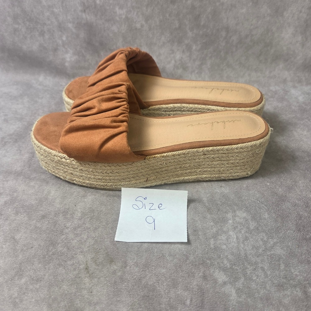 Misbehave Women Tan Ruched Espadrille Platform Slide Sandals Brown Size 9